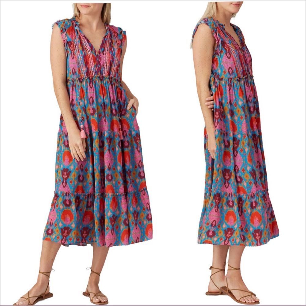 Figue Sleeveless V-Neck Patterned Midi Dress in Pink & Blue